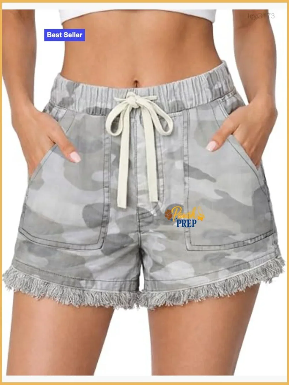 High Waisted Denim Shorts with Drawstring Fringe Hem and Pockets